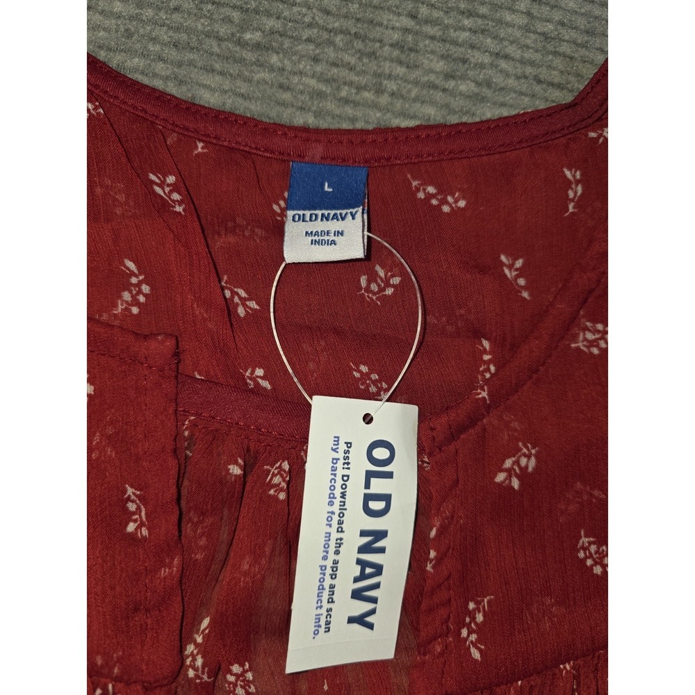 Old Navy Womens L Red Chiffon Ditzy Floral Sheer Lined Long Sleeve Peasant Top - Picture 11 of 14